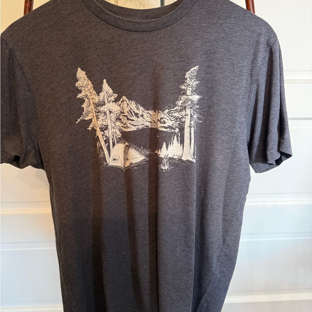 Men’s REI Charcoal Gray Camping Graphic Tee with White Print